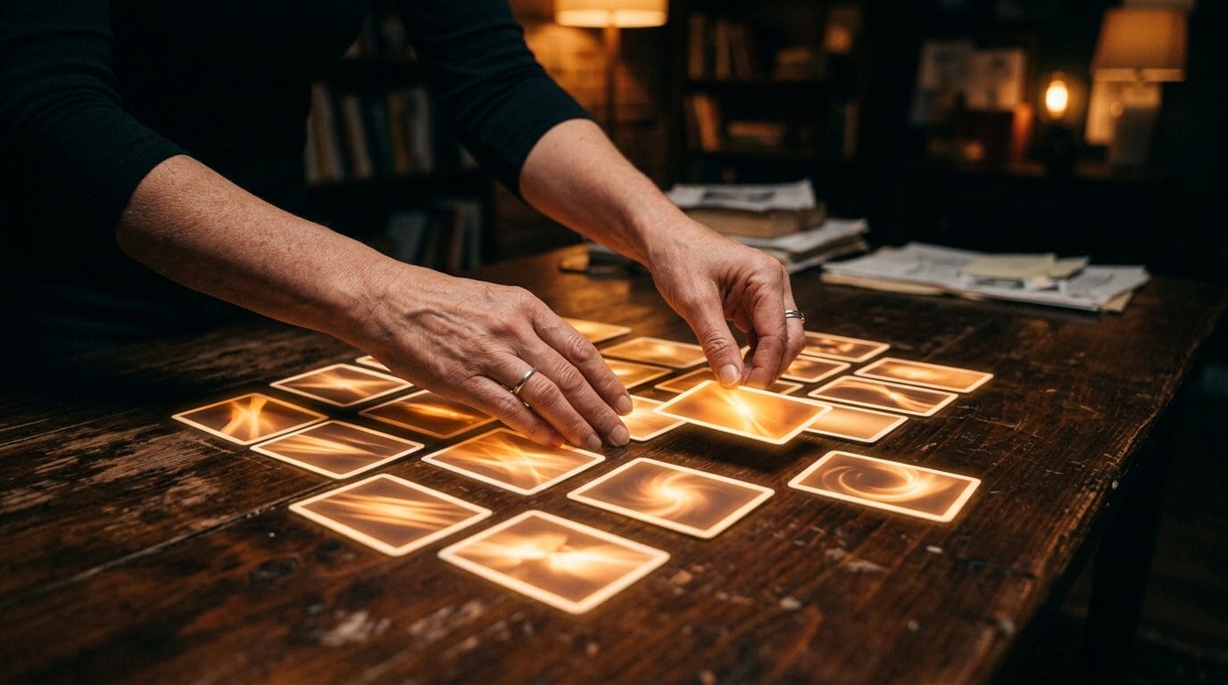 alte Führungskraft mit Megaphon in der Hand - zwei Hände sortieren leuchtende Stärkenkarten - Was Wäre Wenn - Positive Psychologie und Coaching mit Michael Tomoff 